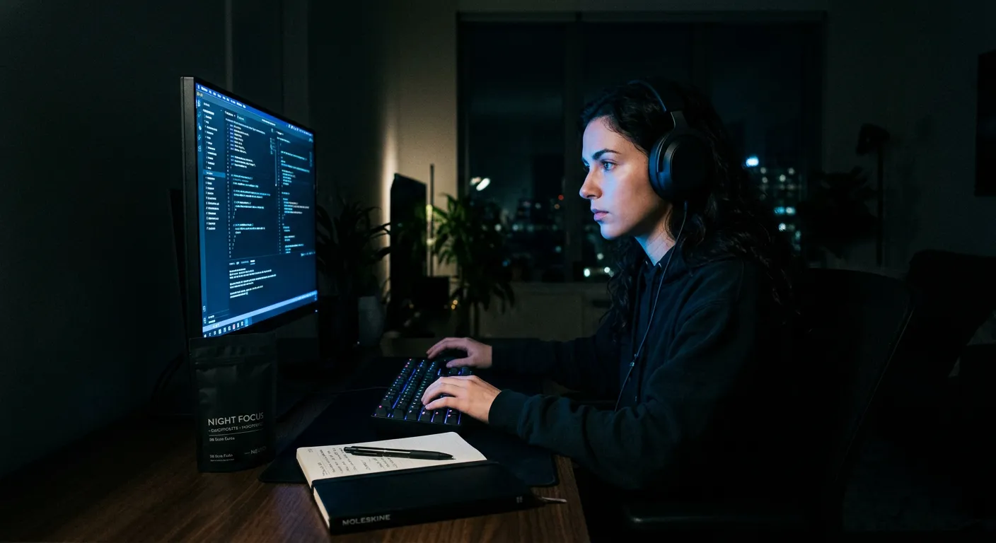 Person in deep focus at a desk lit by electric blue monitor glow