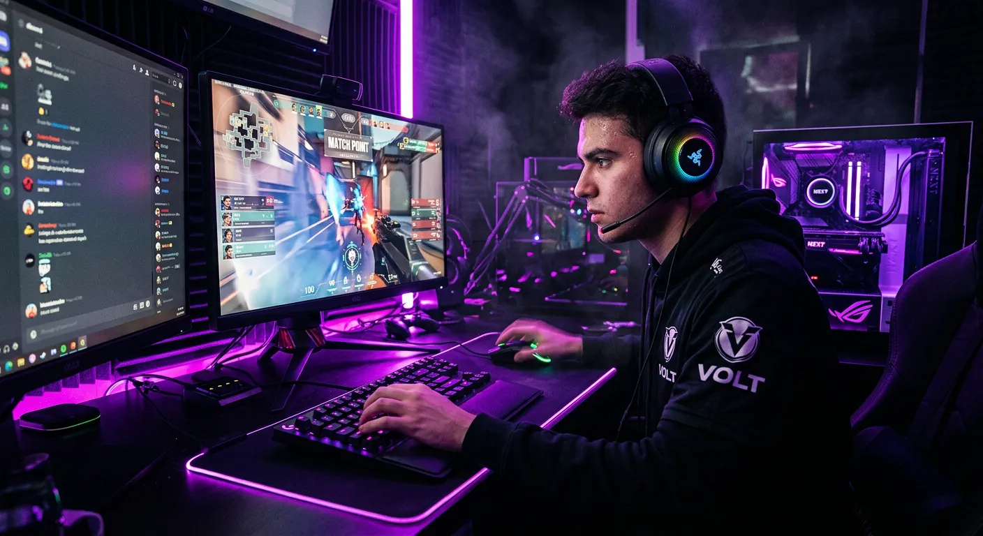 Esports gamer at a PC setup glowing purple and pink in a dark room