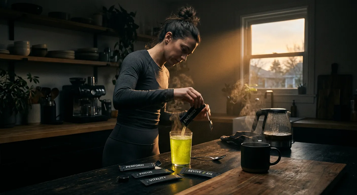 Person preparing a VOLT drink at a kitchen counter in warm dawn light
