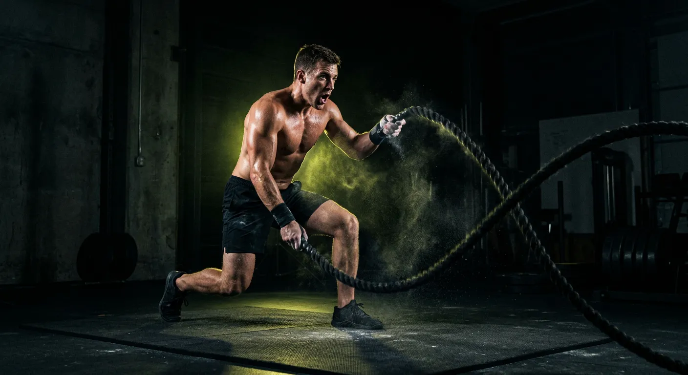 Athlete mid battle-rope workout under electric yellow gym lighting